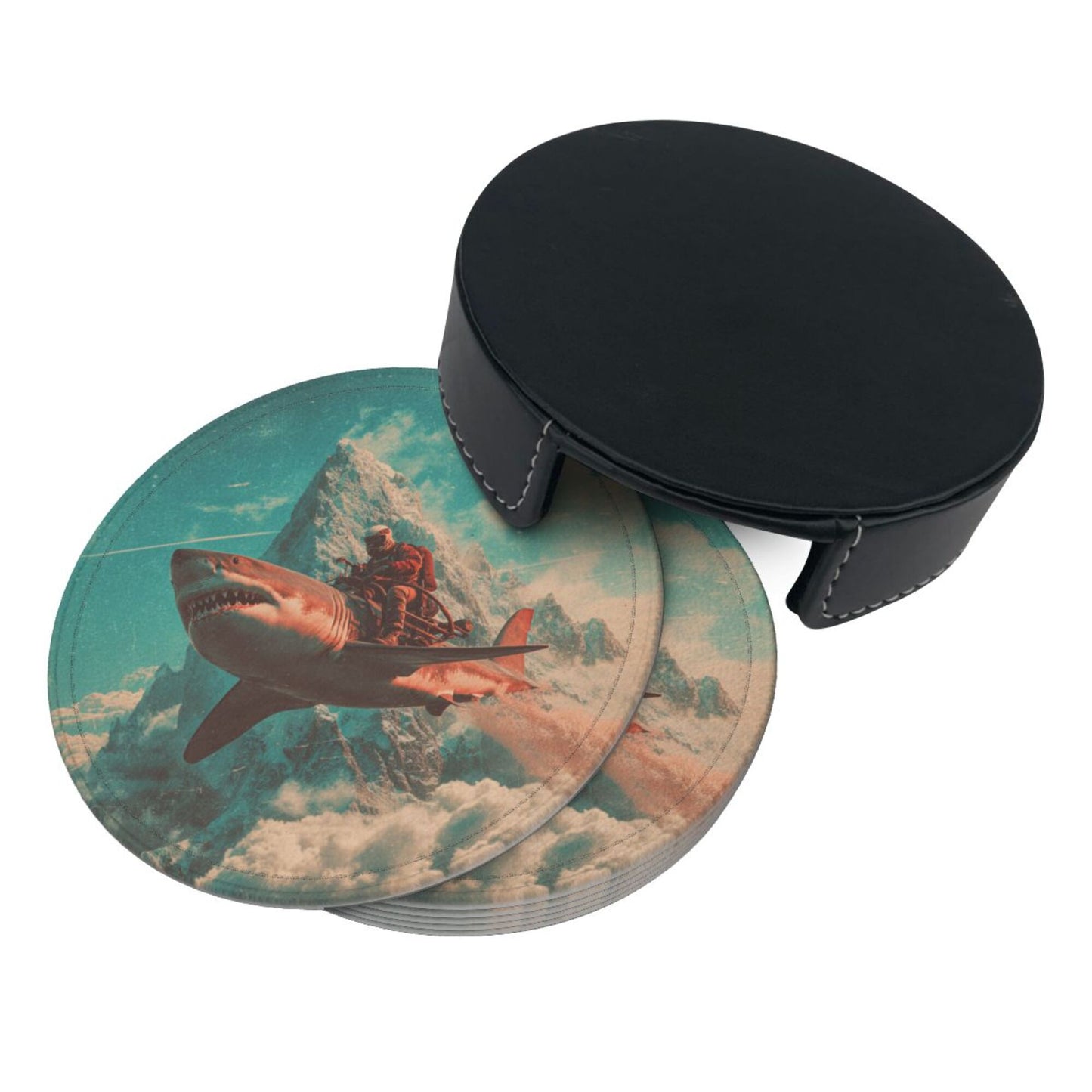Creative Round Drink Coasters Set of 6 | Shark Rider Fantasy Design | Non-Slip & Heat-Resistant | With Leather Holder | Fits All Glassware