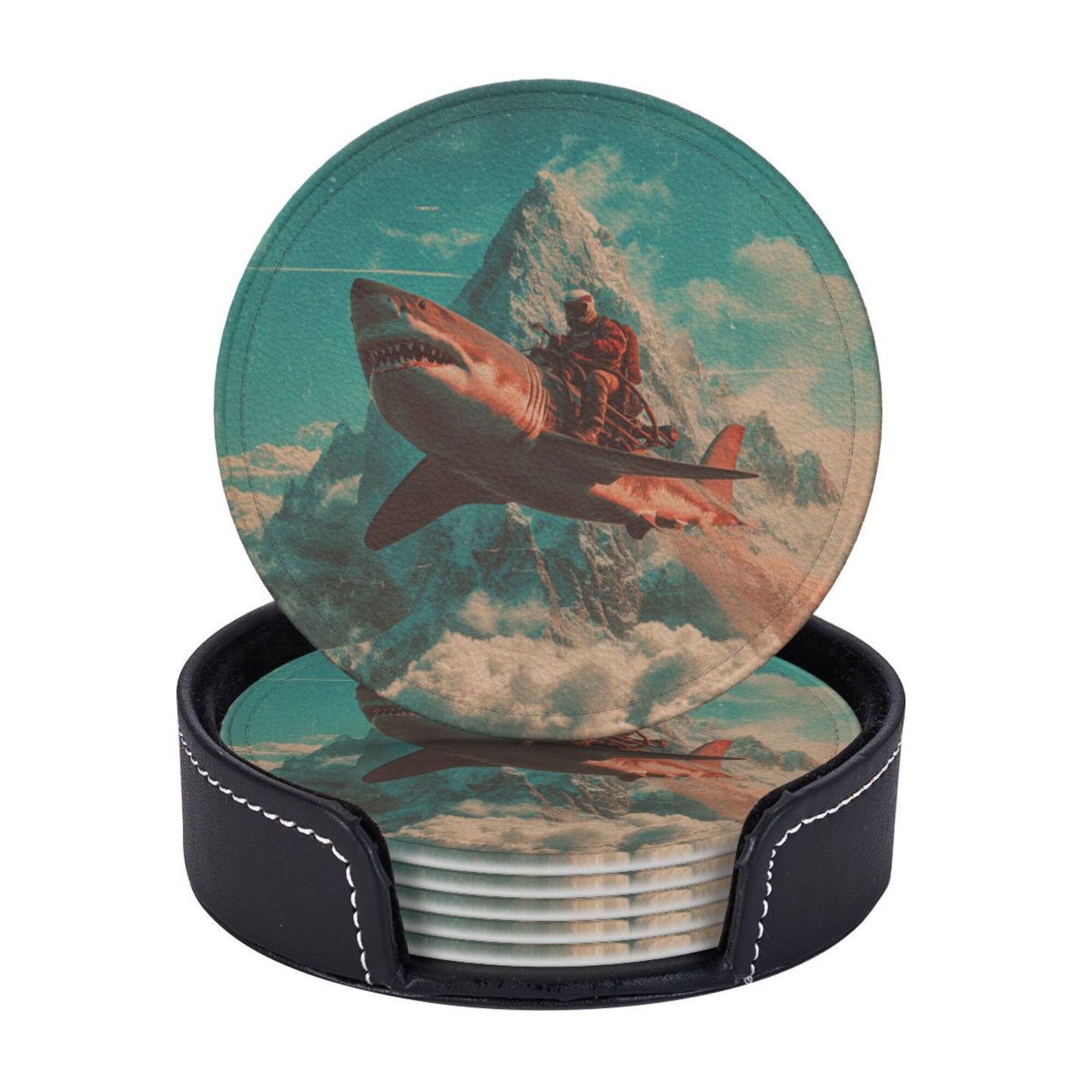 Creative Round Drink Coasters Set of 6 | Shark Rider Fantasy Design | Non-Slip & Heat-Resistant | With Leather Holder | Fits All Glassware
