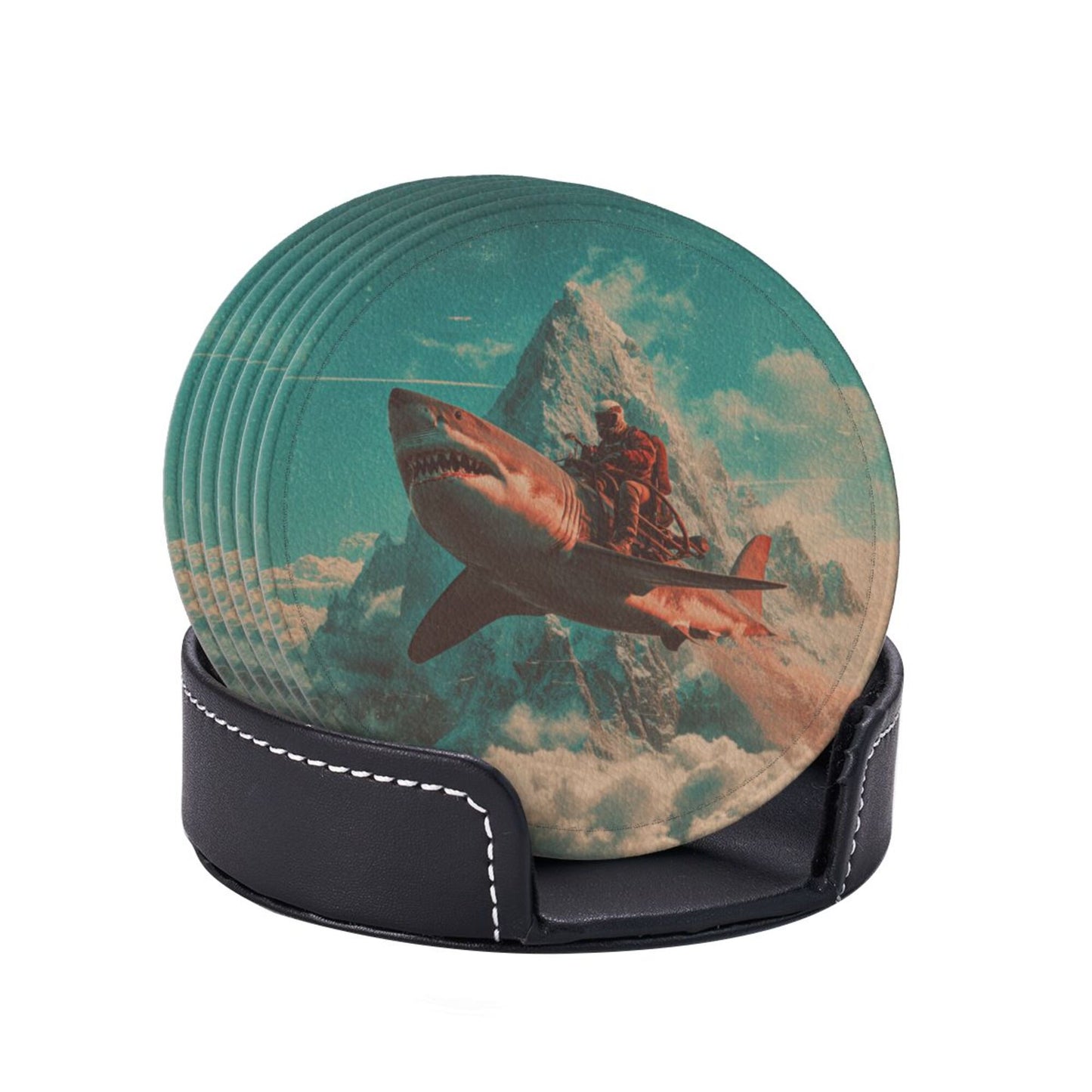 Creative Round Drink Coasters Set of 6 | Shark Rider Fantasy Design | Non-Slip & Heat-Resistant | With Leather Holder | Fits All Glassware