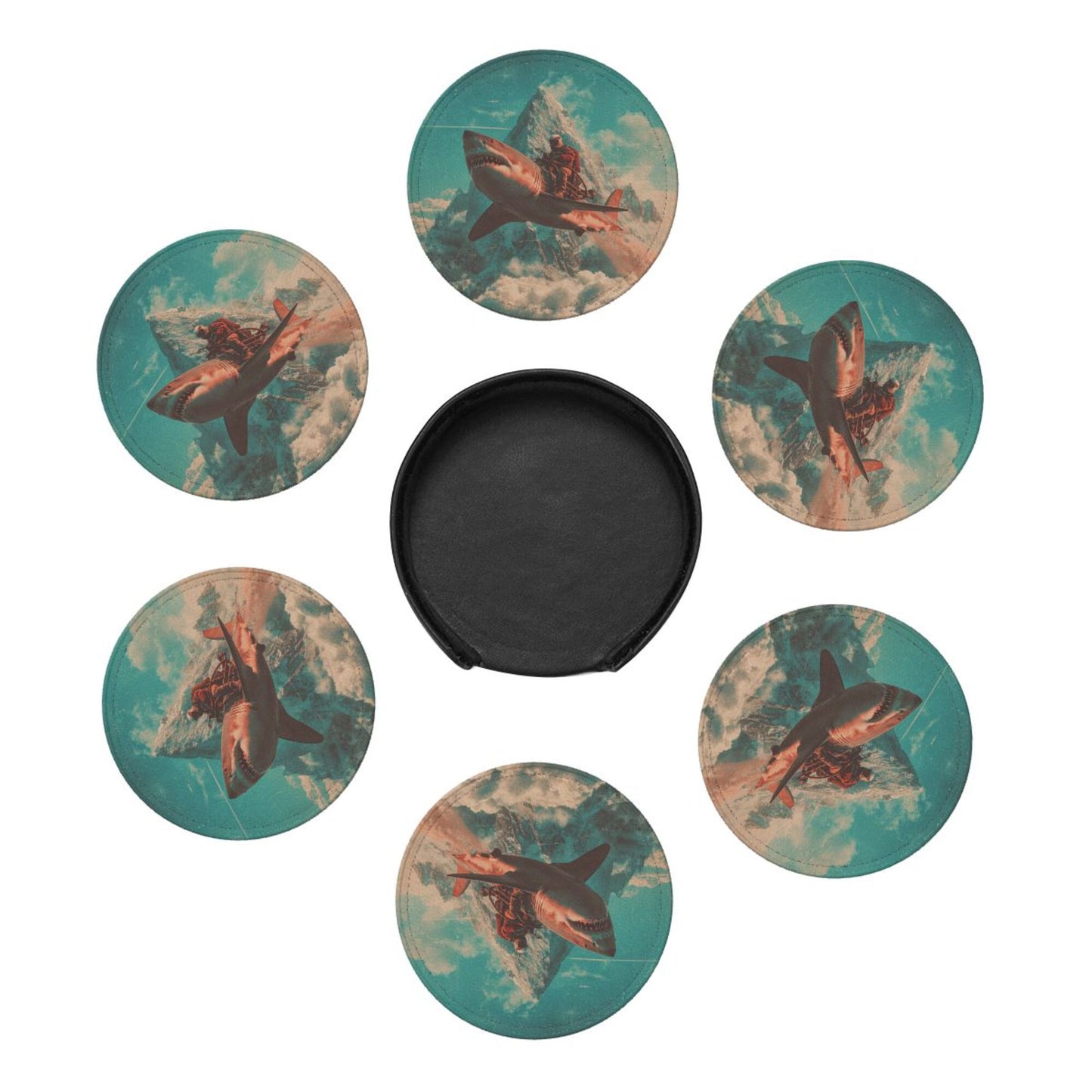 Creative Round Drink Coasters Set of 6 | Shark Rider Fantasy Design | Non-Slip & Heat-Resistant | With Leather Holder | Fits All Glassware