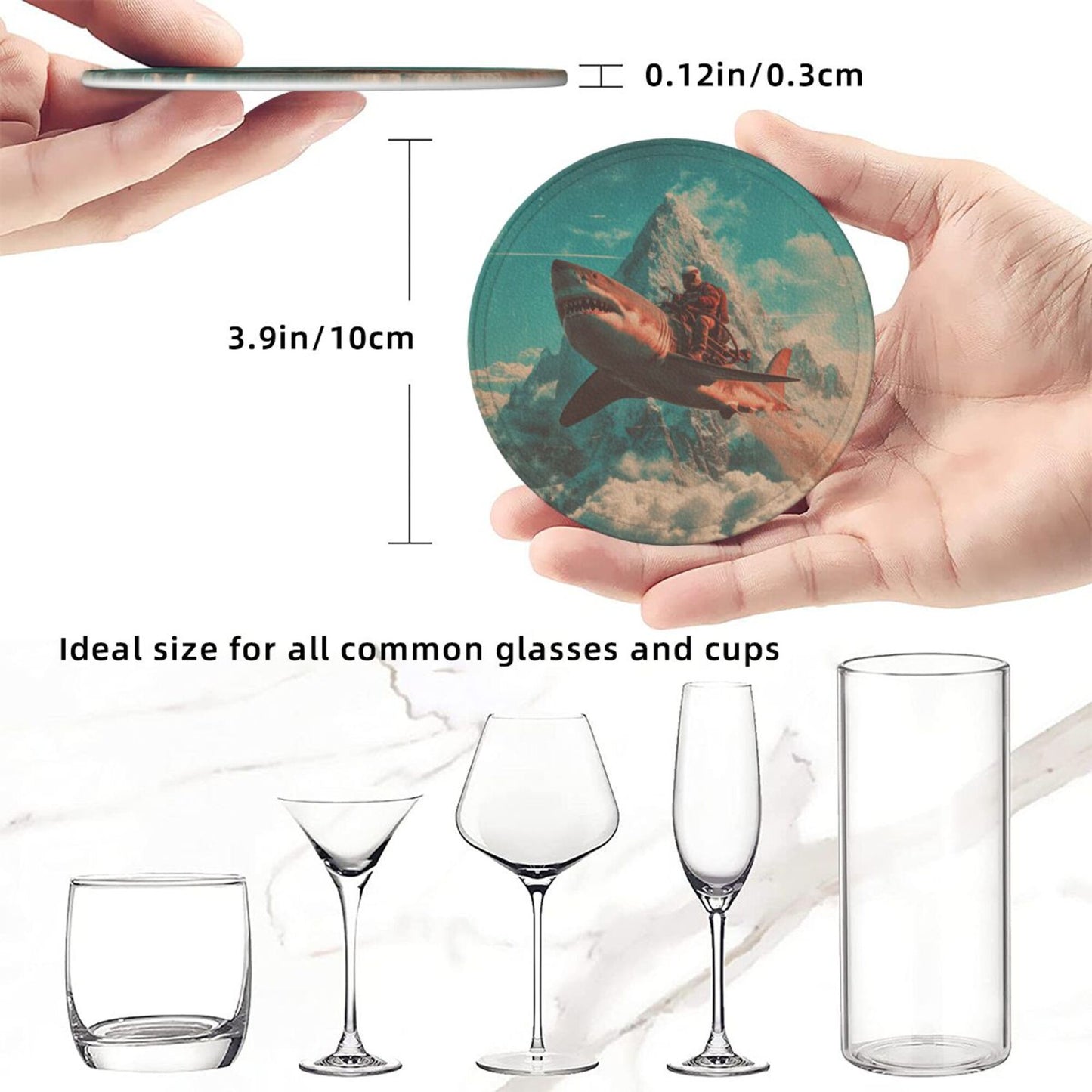 Creative Round Drink Coasters Set of 6 | Shark Rider Fantasy Design | Non-Slip & Heat-Resistant | With Leather Holder | Fits All Glassware