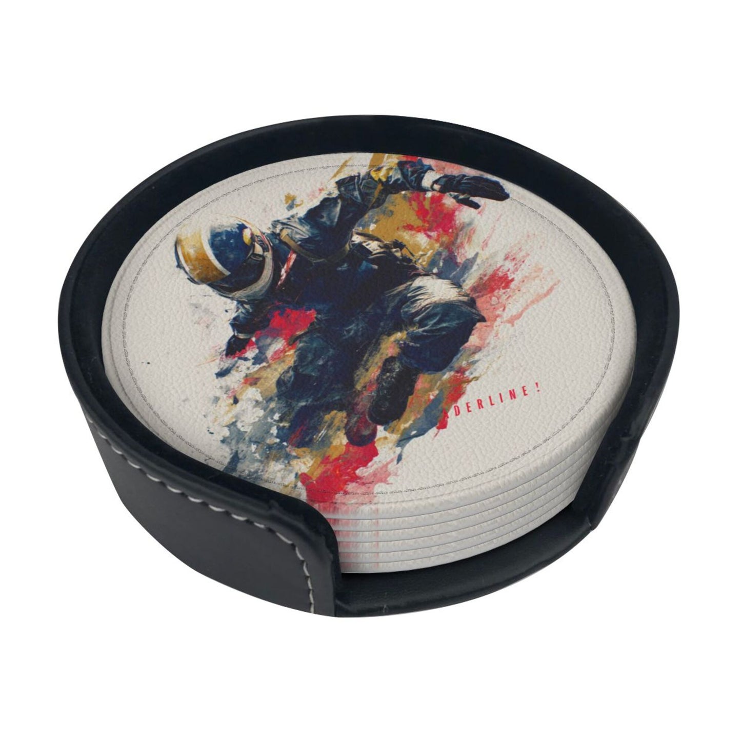 Creative Round Drink Coasters Set of 6 | Extreme Sports Rider Design | Non-Slip & Heat-Resistant | With Leather Holder | Fits All Glassware
