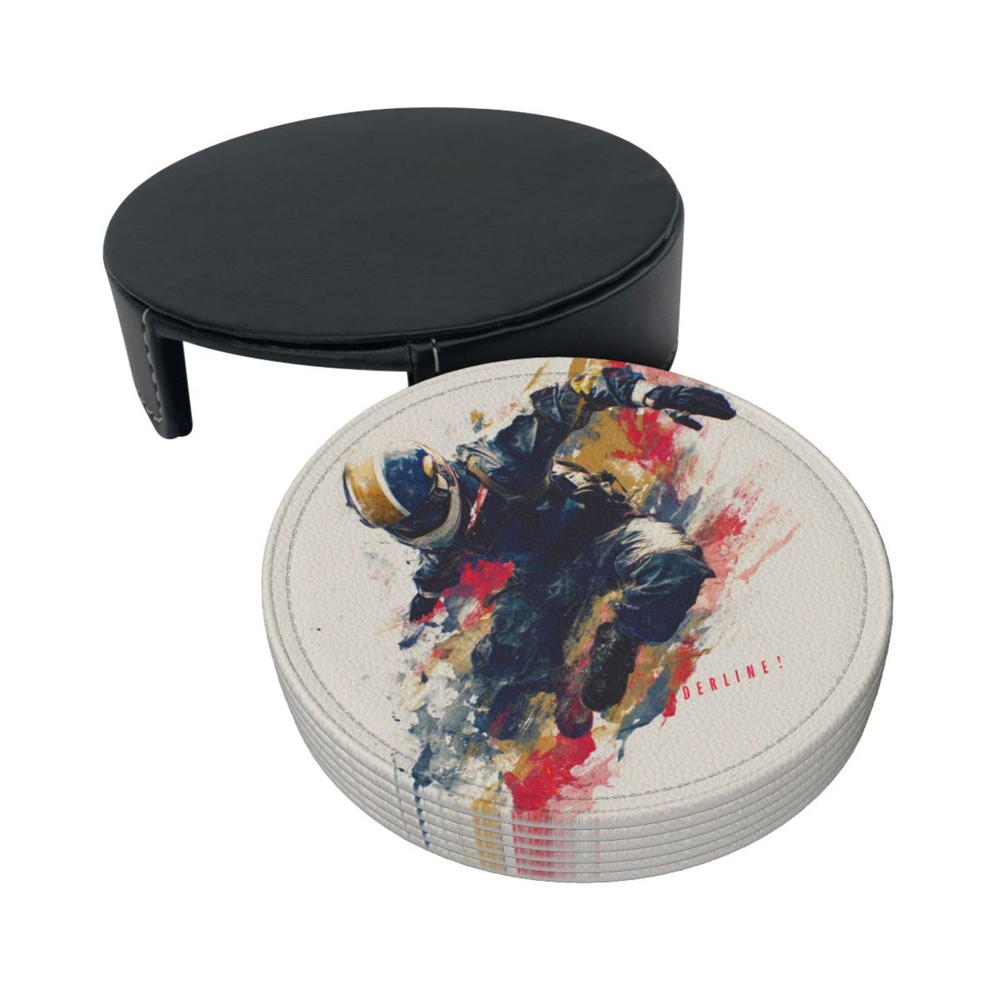 Creative Round Drink Coasters Set of 6 | Extreme Sports Rider Design | Non-Slip & Heat-Resistant | With Leather Holder | Fits All Glassware