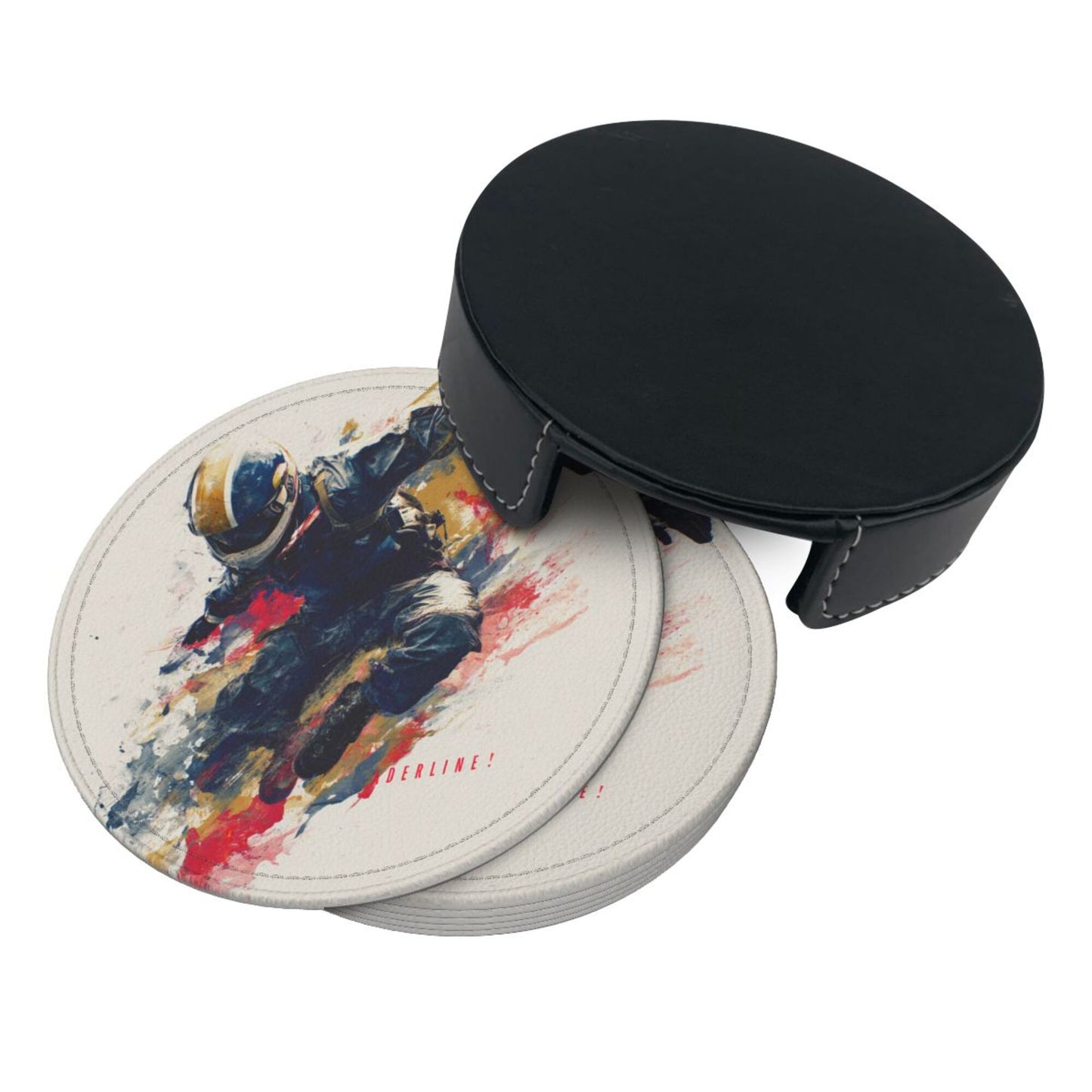 Creative Round Drink Coasters Set of 6 | Extreme Sports Rider Design | Non-Slip & Heat-Resistant | With Leather Holder | Fits All Glassware