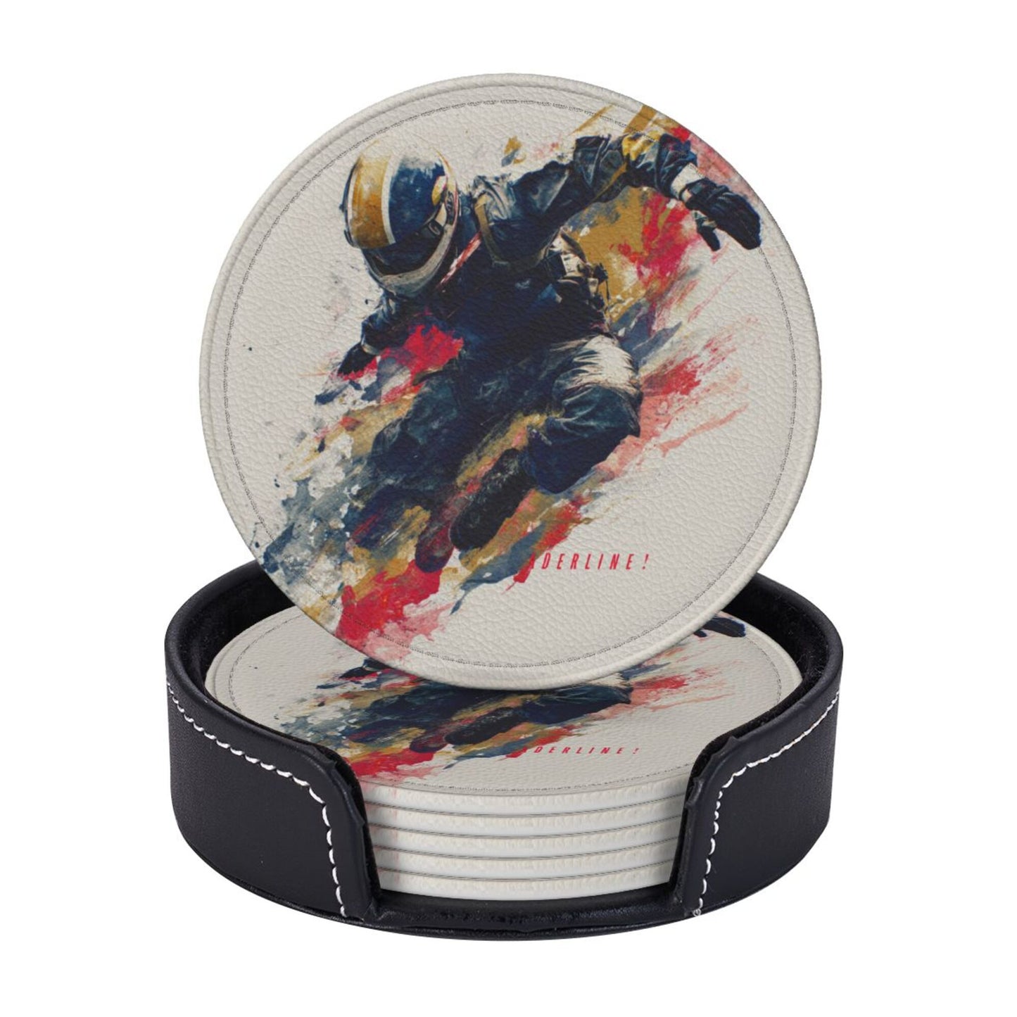 Creative Round Drink Coasters Set of 6 | Extreme Sports Rider Design | Non-Slip & Heat-Resistant | With Leather Holder | Fits All Glassware