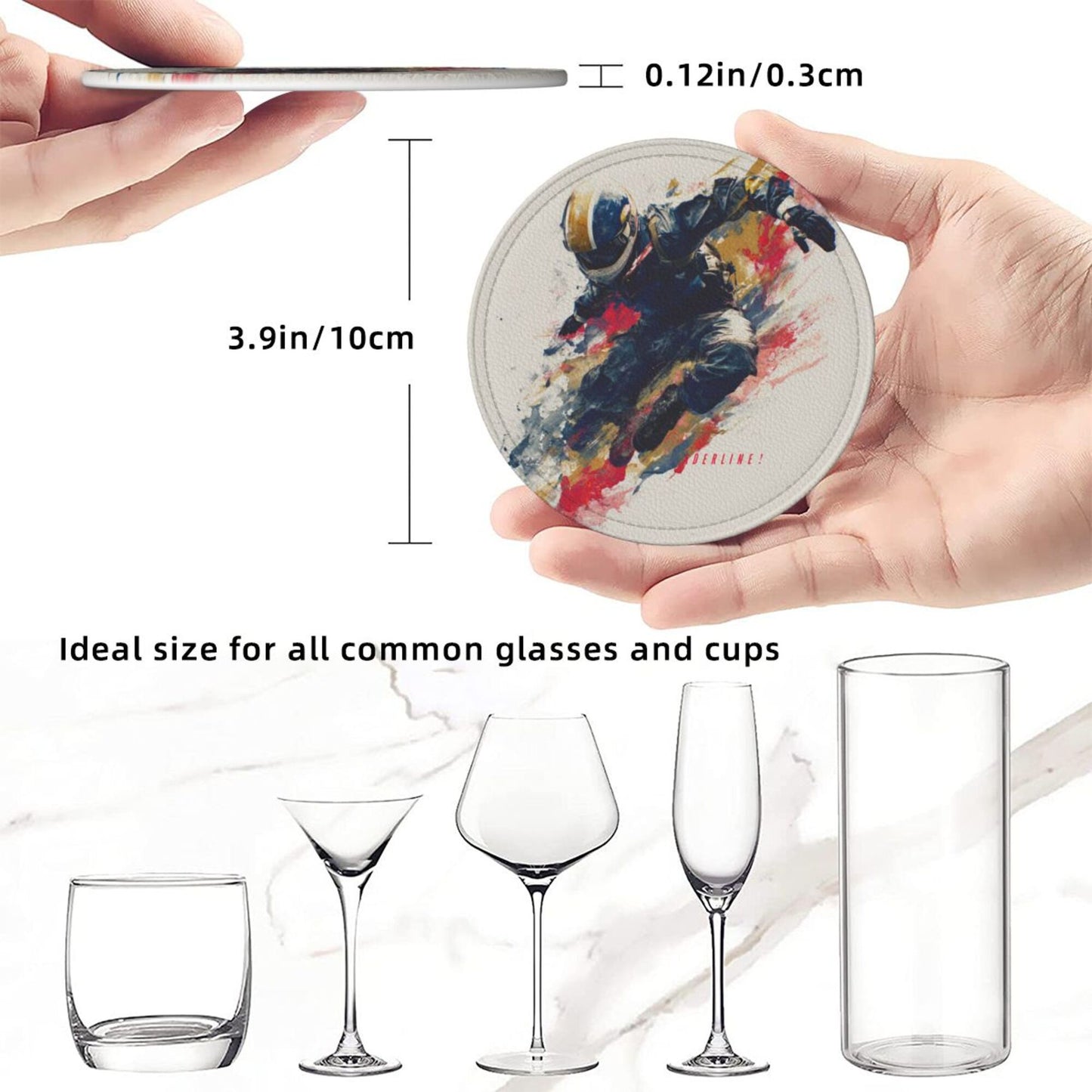 Creative Round Drink Coasters Set of 6 | Extreme Sports Rider Design | Non-Slip & Heat-Resistant | With Leather Holder | Fits All Glassware