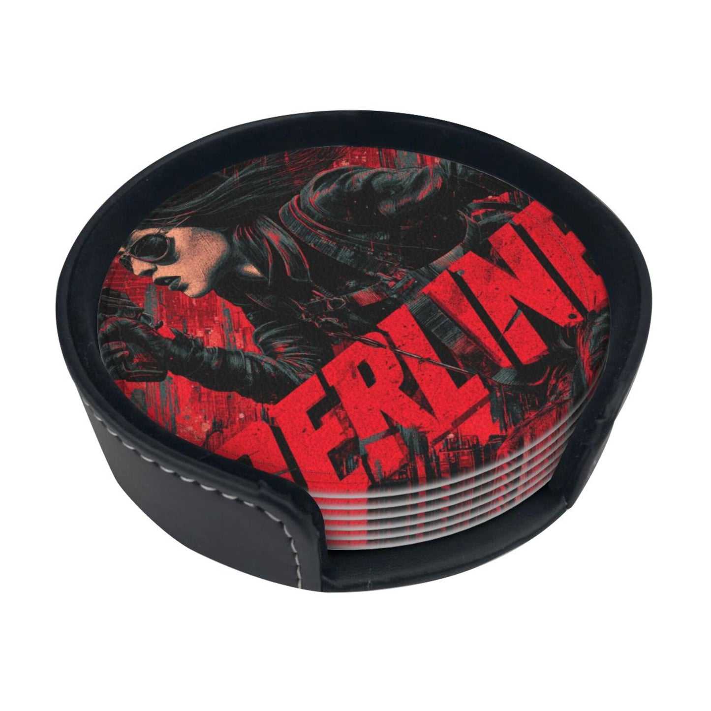Creative Round Drink Coasters Set of 6 | Black & Red Urban Agent Design | Non-Slip & Heat-Resistant | With Leather Holder | Fits All Common Glassware