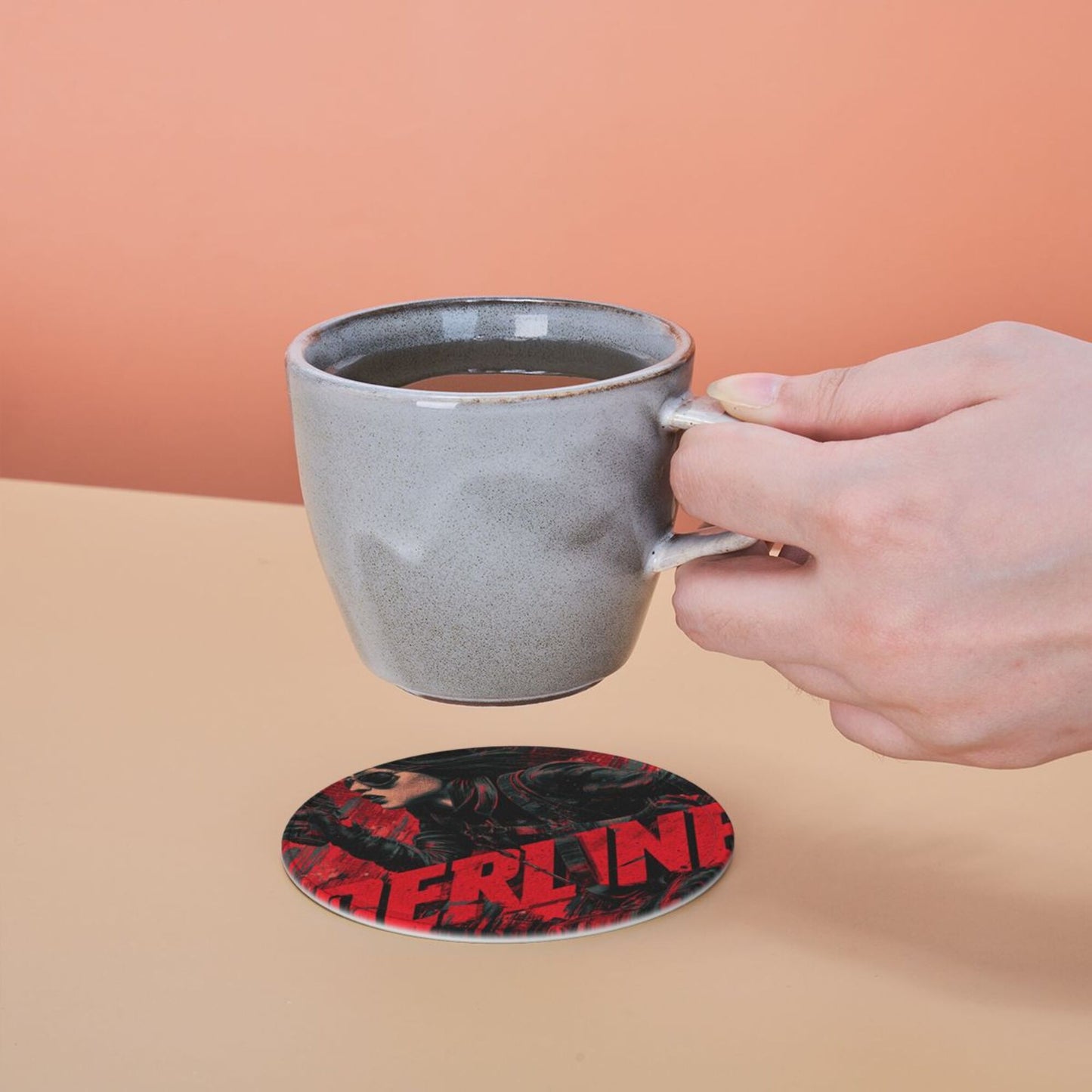 Creative Round Drink Coasters Set of 6 | Black & Red Urban Agent Design | Non-Slip & Heat-Resistant | With Leather Holder | Fits All Common Glassware