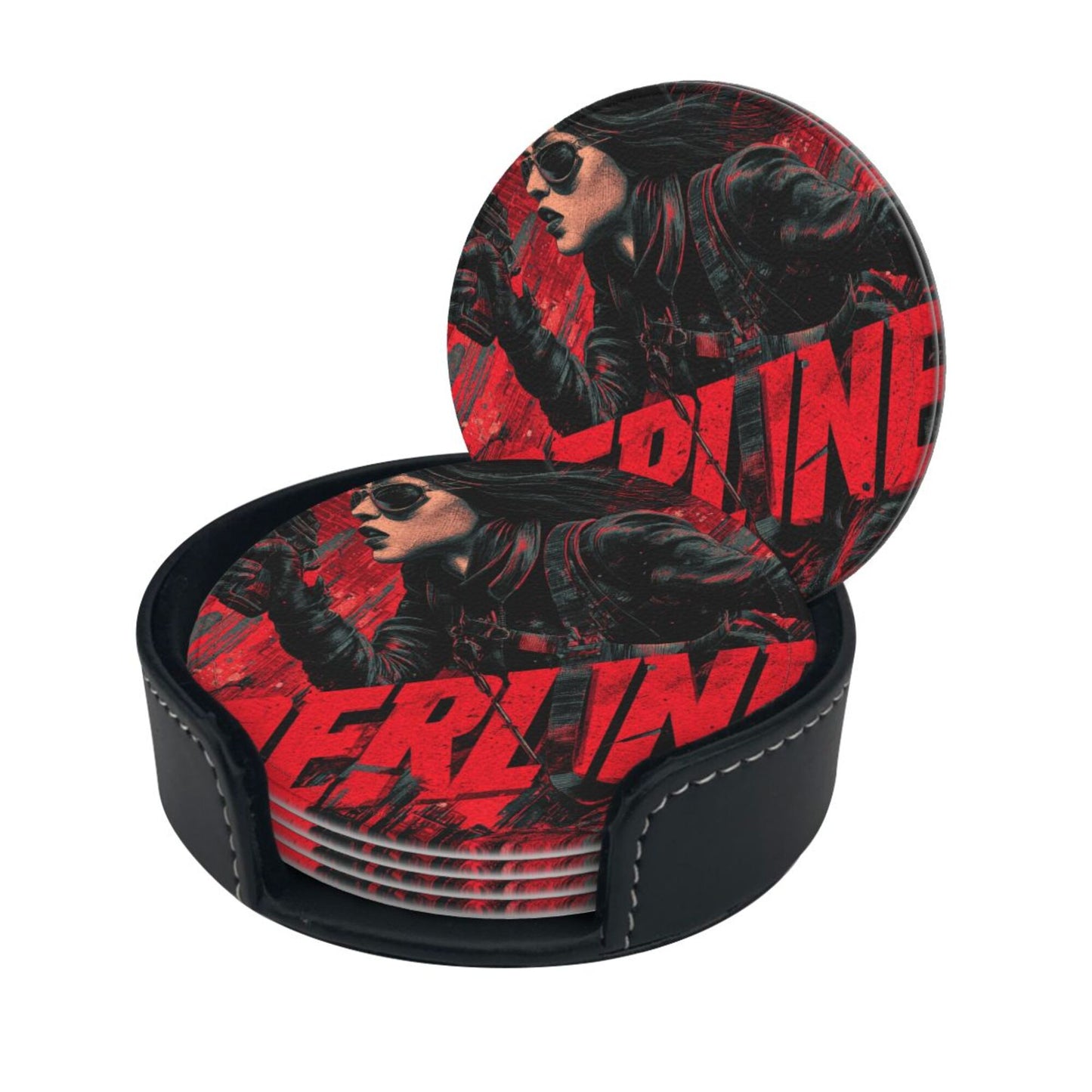 Creative Round Drink Coasters Set of 6 | Black & Red Urban Agent Design | Non-Slip & Heat-Resistant | With Leather Holder | Fits All Common Glassware