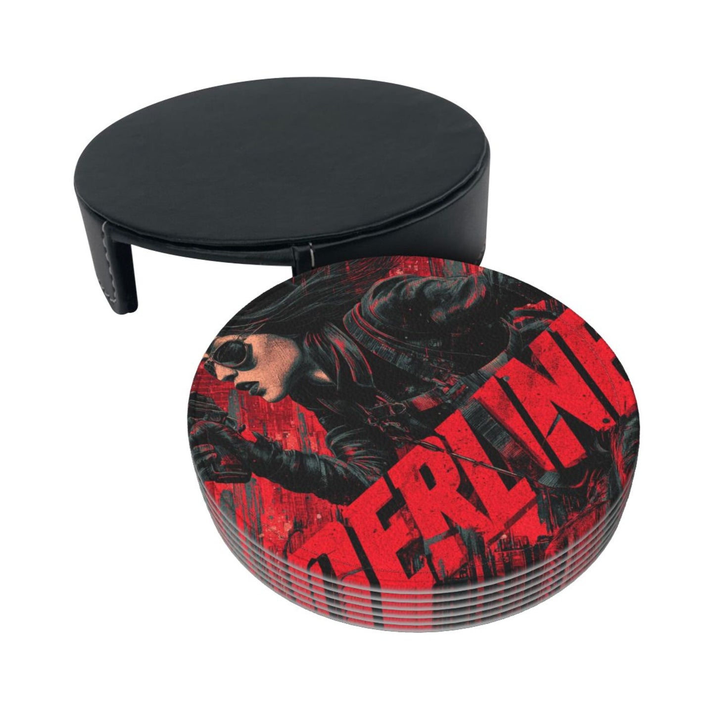 Creative Round Drink Coasters Set of 6 | Black & Red Urban Agent Design | Non-Slip & Heat-Resistant | With Leather Holder | Fits All Common Glassware