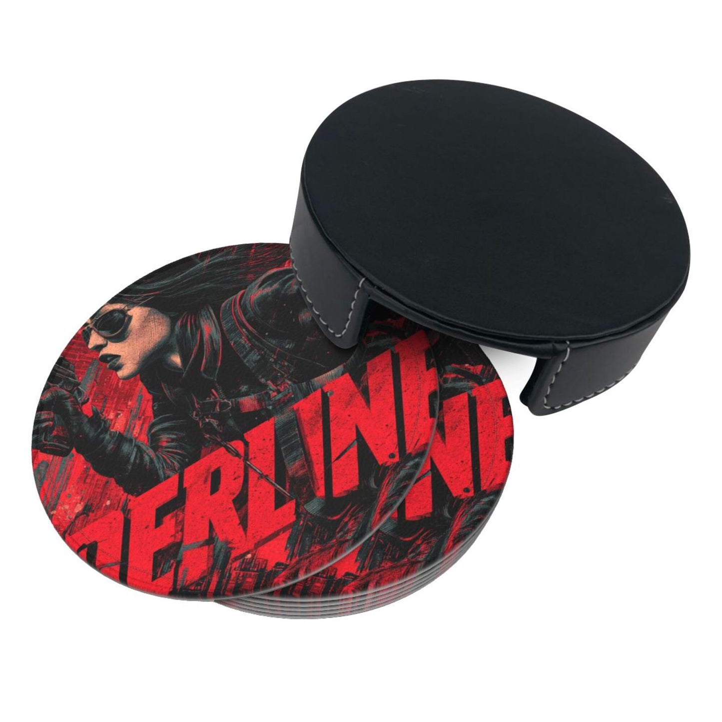 Creative Round Drink Coasters Set of 6 | Black & Red Urban Agent Design | Non-Slip & Heat-Resistant | With Leather Holder | Fits All Common Glassware
