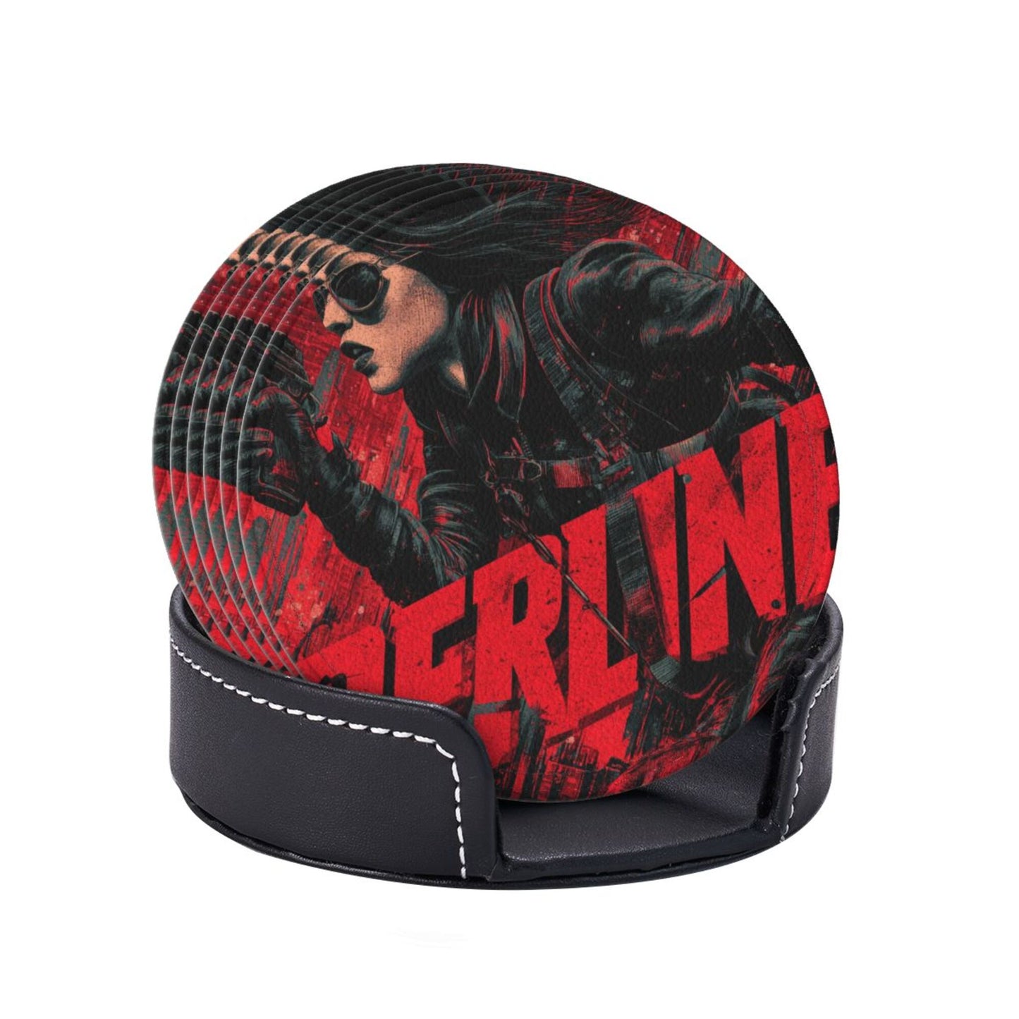 Creative Round Drink Coasters Set of 6 | Black & Red Urban Agent Design | Non-Slip & Heat-Resistant | With Leather Holder | Fits All Common Glassware