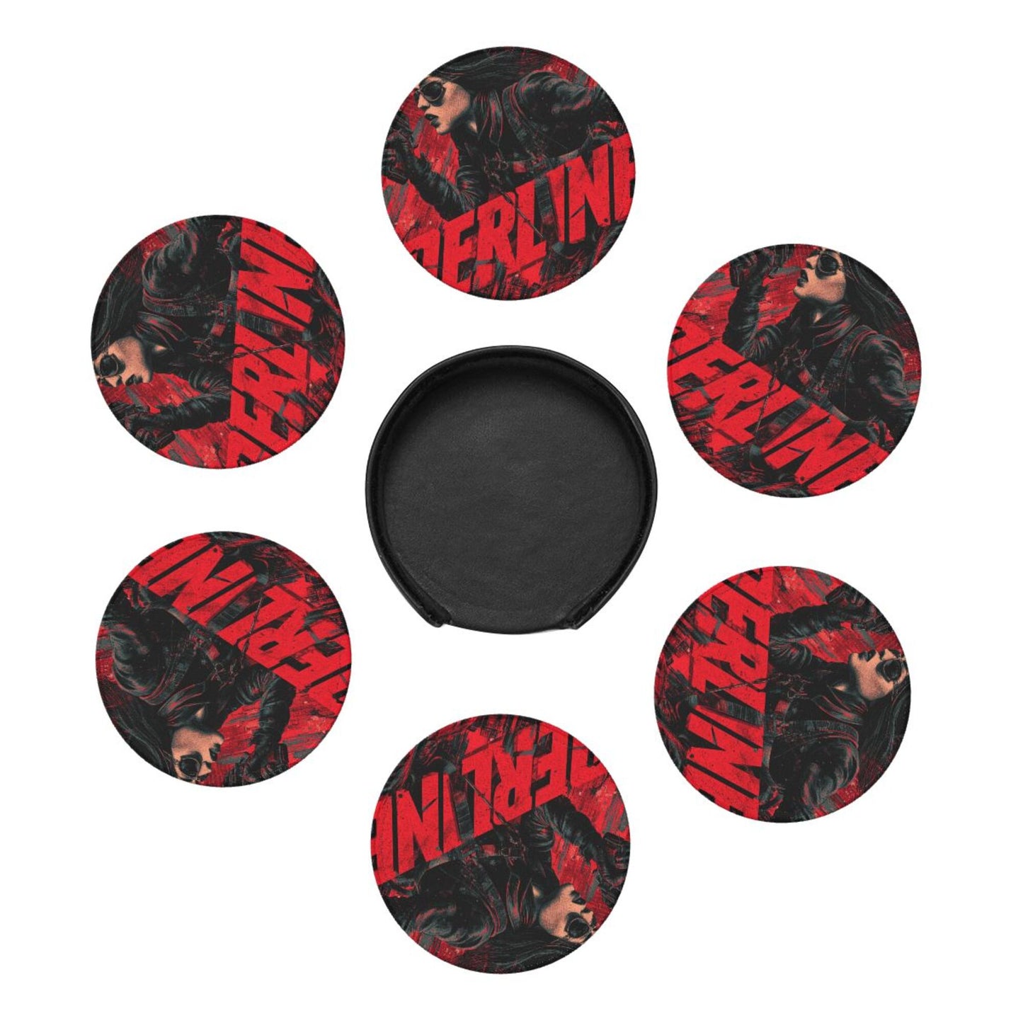 Creative Round Drink Coasters Set of 6 | Black & Red Urban Agent Design | Non-Slip & Heat-Resistant | With Leather Holder | Fits All Common Glassware