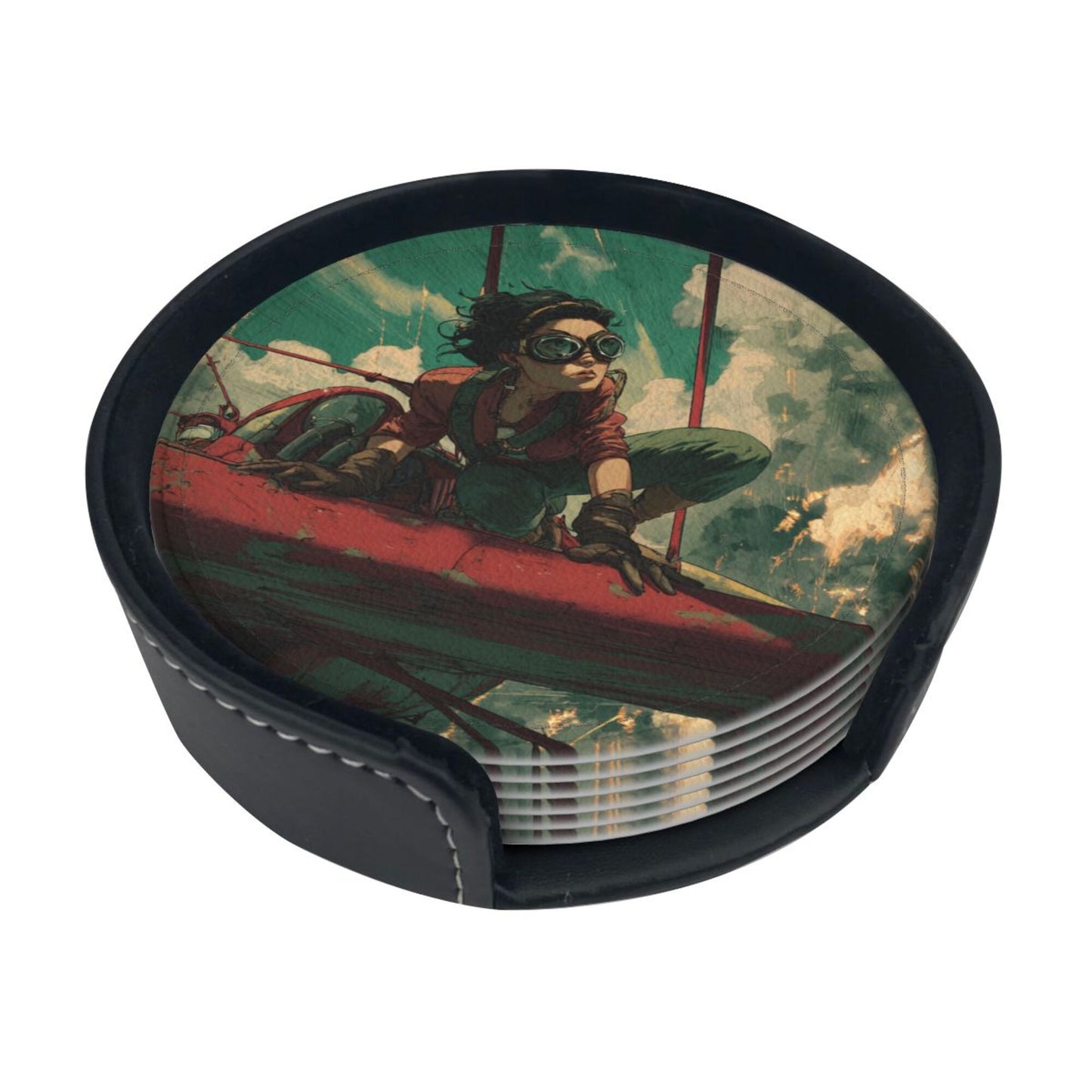 Creative Round Drink Coasters Set of 6 | Vintage Aviator Design | Non-Slip & Heat-Resistant | With Leather Holder | Fits All Common Glassware