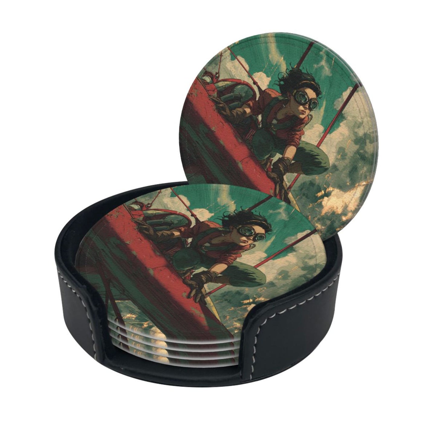Creative Round Drink Coasters Set of 6 | Vintage Aviator Design | Non-Slip & Heat-Resistant | With Leather Holder | Fits All Common Glassware
