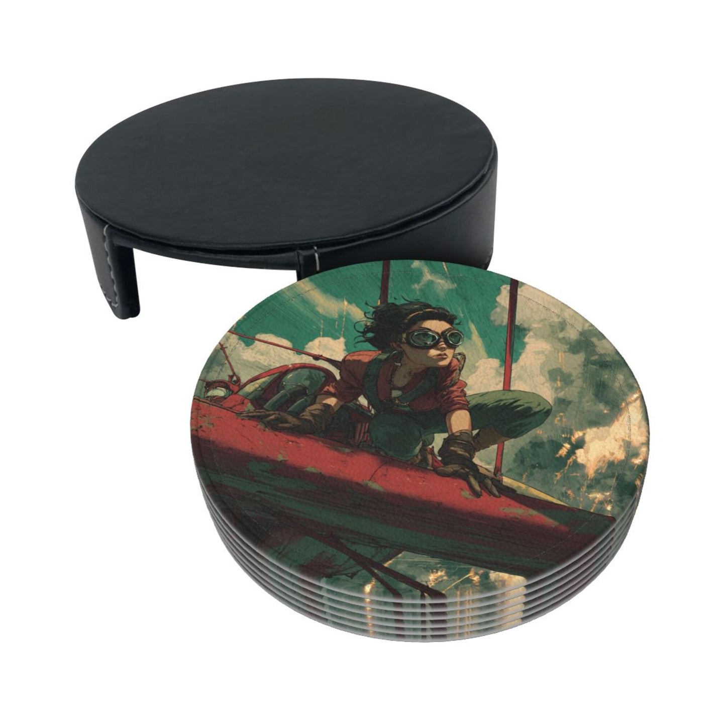 Creative Round Drink Coasters Set of 6 | Vintage Aviator Design | Non-Slip & Heat-Resistant | With Leather Holder | Fits All Common Glassware
