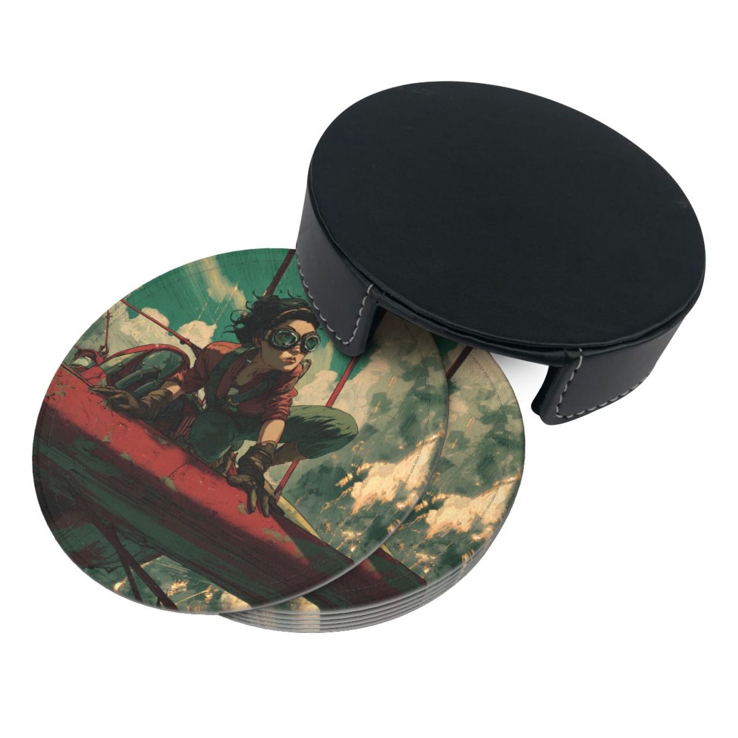 Creative Round Drink Coasters Set of 6 | Vintage Aviator Design | Non-Slip & Heat-Resistant | With Leather Holder | Fits All Common Glassware