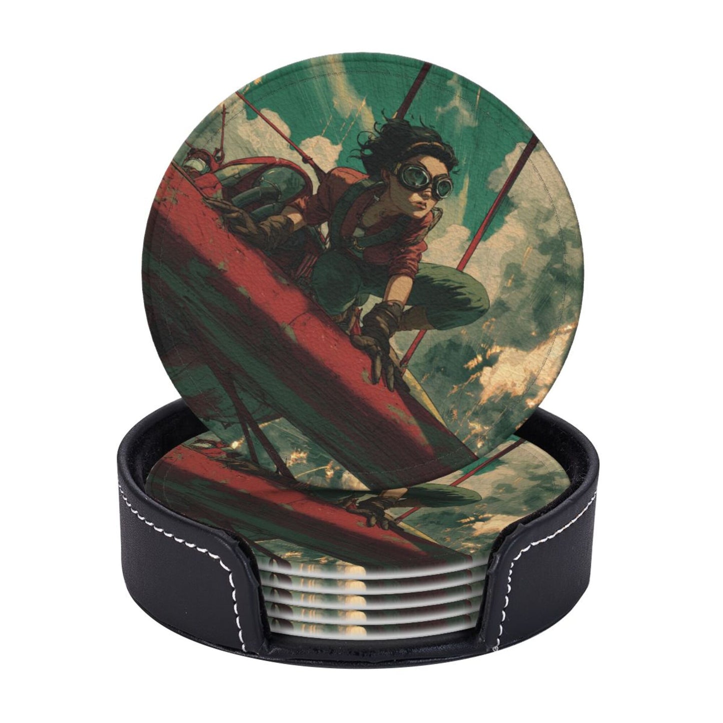 Creative Round Drink Coasters Set of 6 | Vintage Aviator Design | Non-Slip & Heat-Resistant | With Leather Holder | Fits All Common Glassware