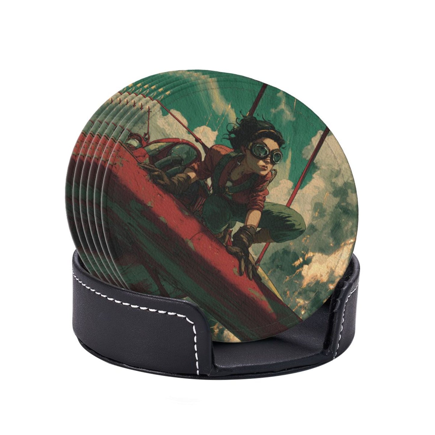 Creative Round Drink Coasters Set of 6 | Vintage Aviator Design | Non-Slip & Heat-Resistant | With Leather Holder | Fits All Common Glassware