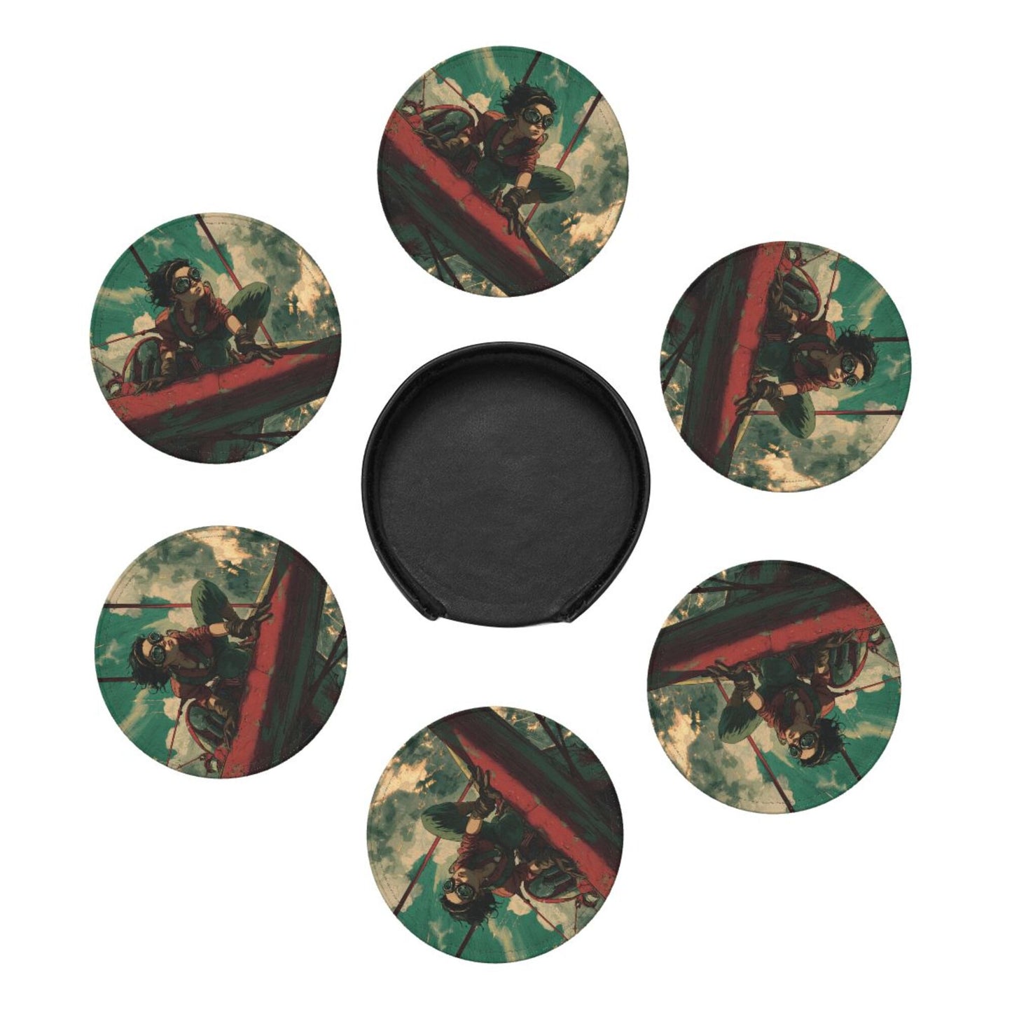 Creative Round Drink Coasters Set of 6 | Vintage Aviator Design | Non-Slip & Heat-Resistant | With Leather Holder | Fits All Common Glassware